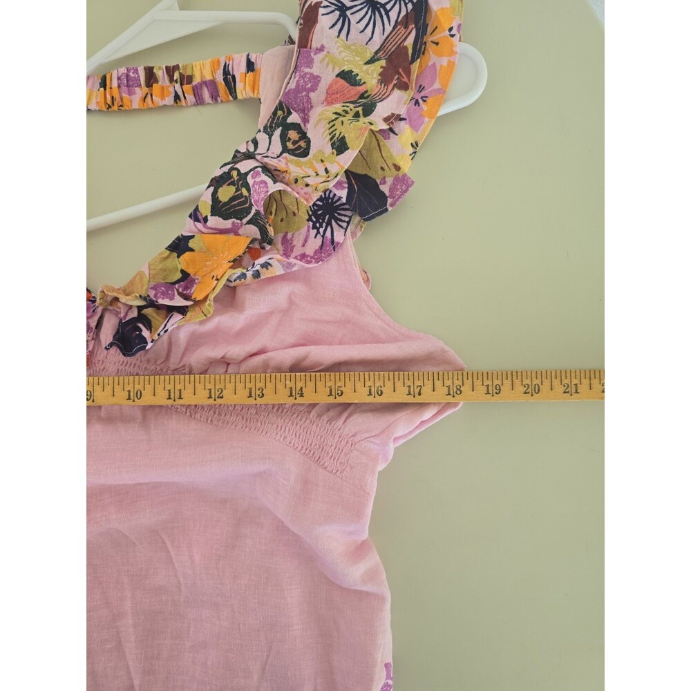 ANTHROPOLOGIE V-Neck Ruffle Linen Viscose Dress Size Large Pink Blue Floral - Picture 12 of 12